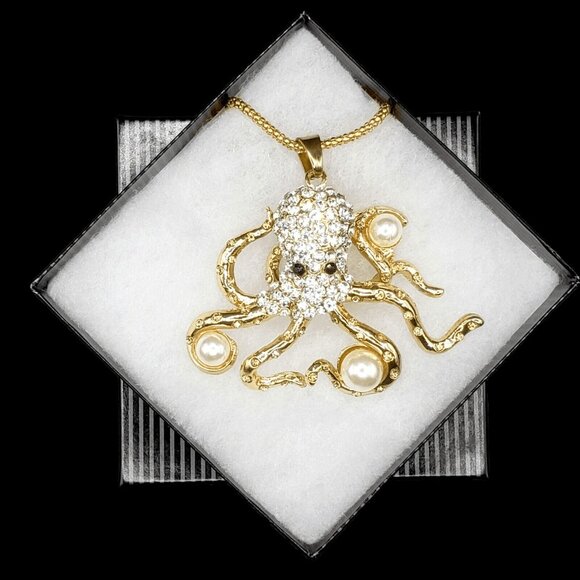 Octopus Pendant Necklace Rhinestone Faux Pearl Gold Tone Giftboxed Ocean - Picture 2 of 7